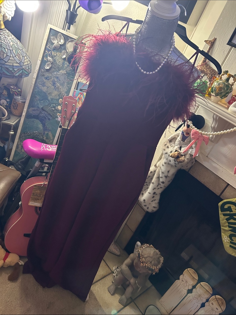 Feather-Trim Maxi Dress in Burgundy